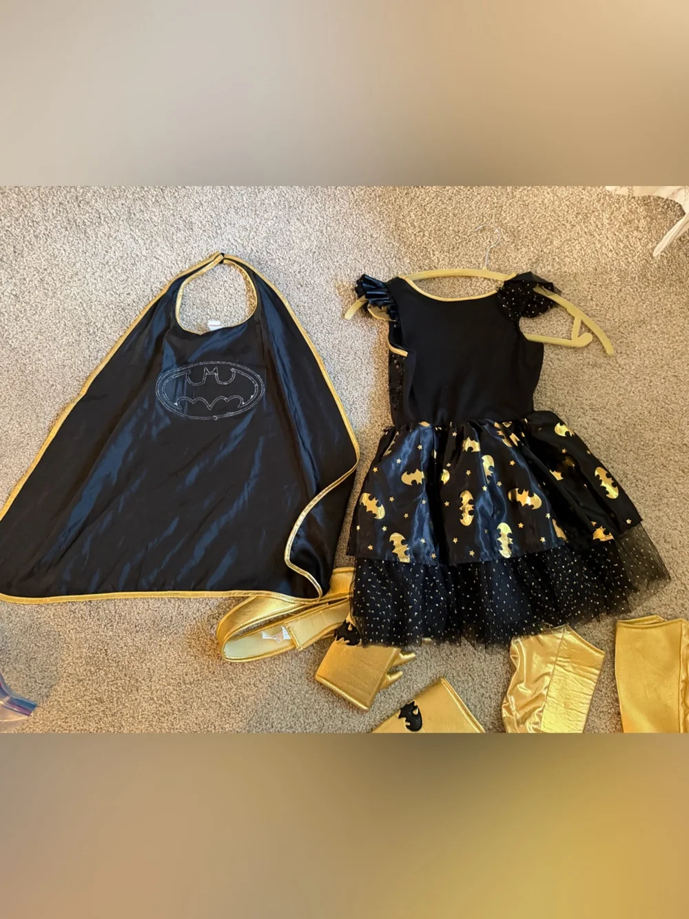 Girls Black & Gold Batgirl Superhero Costume Dress with Cape